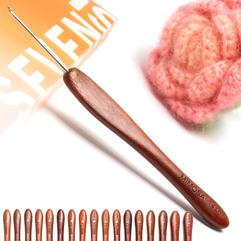 sevensun Mimosa 1.4mm Single Crochet Hook, Available in 0.6mm-6.5mm, Ergonomic Hand Polished Stainless Steel Inline Pointy Wood Handle Crochet Hook for Arthritic Hands - Image 1
